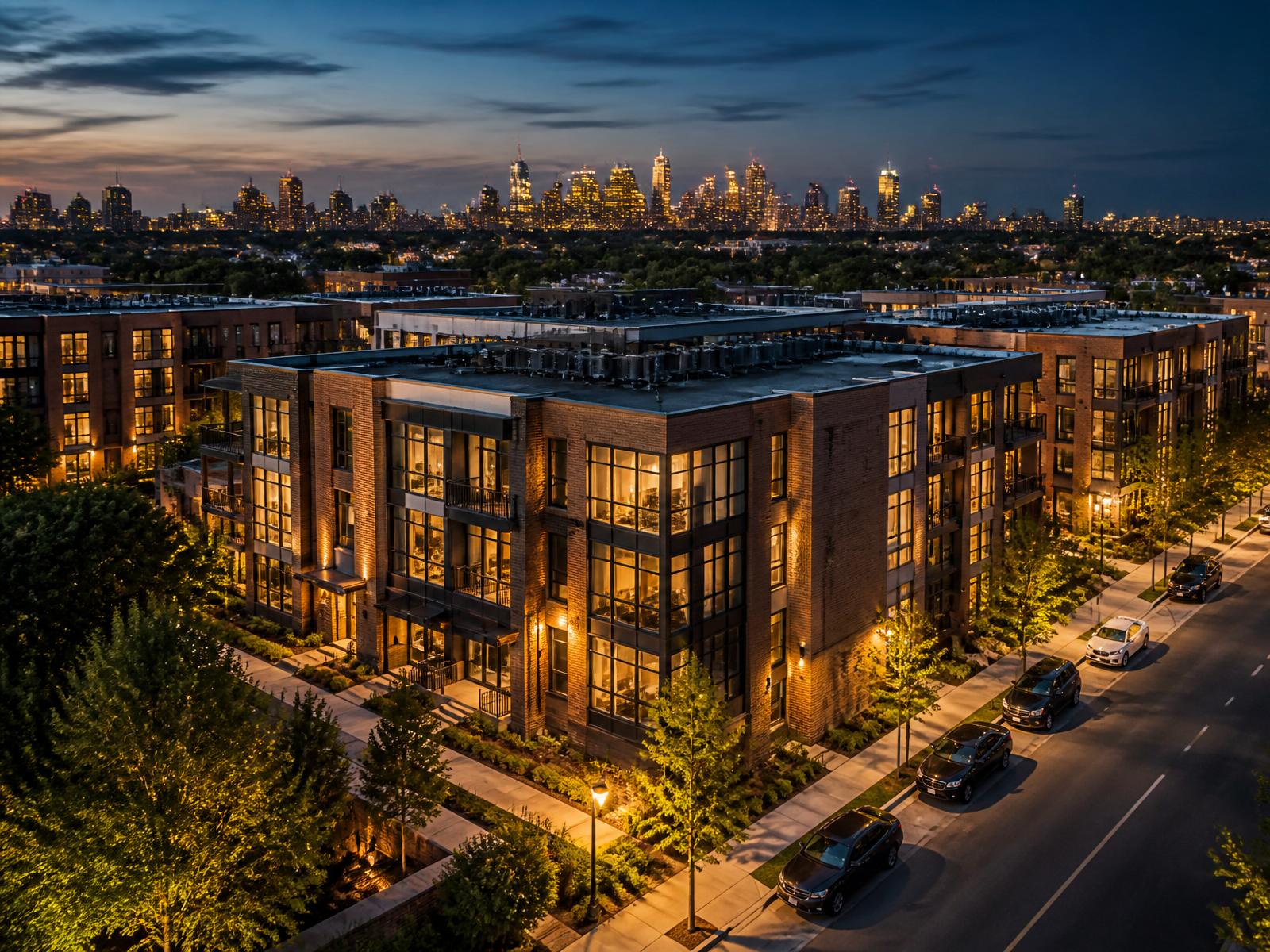 Premium multi-family investment property at dusk with city skyline